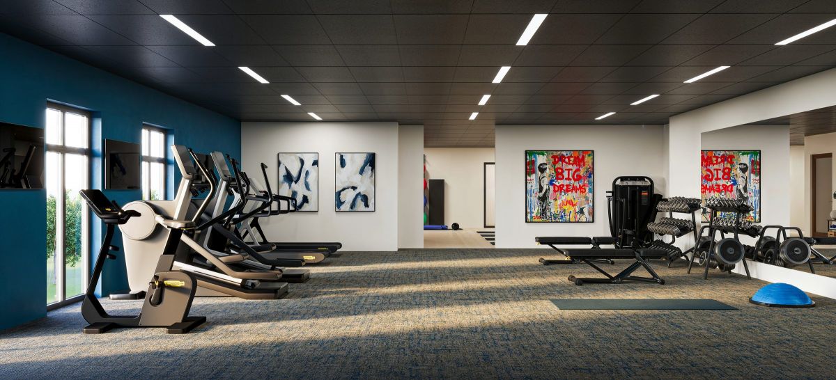 Modern gym with treadmills, weight racks, benches, mirrors, and colorful artwork on the walls at Volta Apartments.